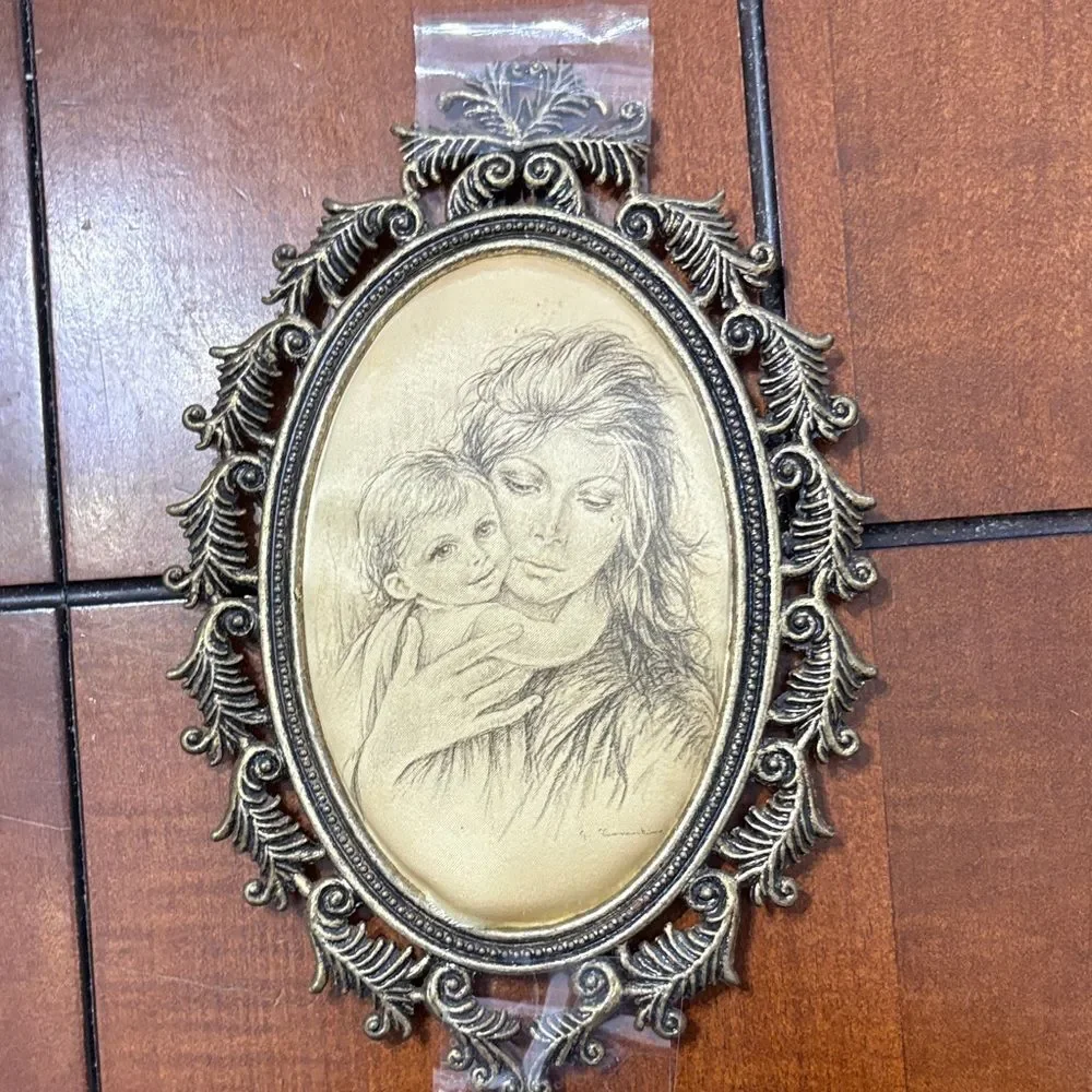 Satin Framed Picture Mother Child Giuseppe Tarantino Brass Oval SET Italy